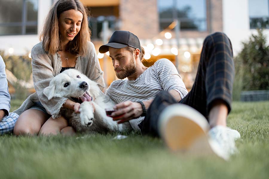 A couple playing with their dog in the backyard